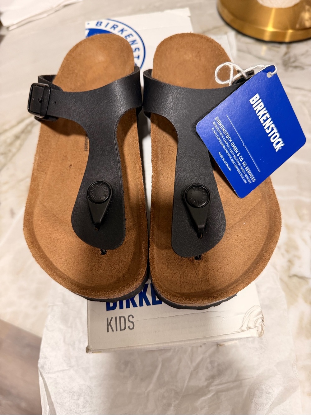 Birkenstock Kids Black Thong Sandals with Suede Footbed